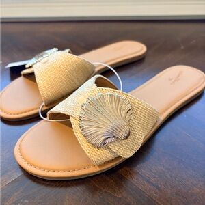 Universal Thread- Tan Raffia Slide Sandals with Metallic Gold Shell